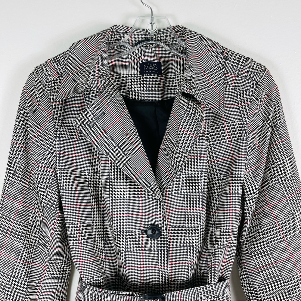 M&S black white plaid houndstooth lightweight trench belted jacket medium - Picture 2 of 9